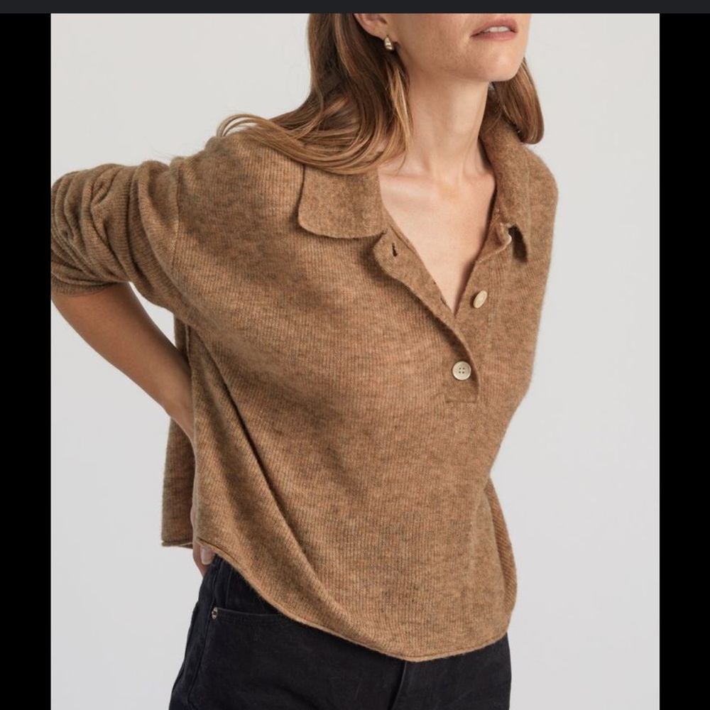 Soft Knit Button Polo Sweater - Camel Brown